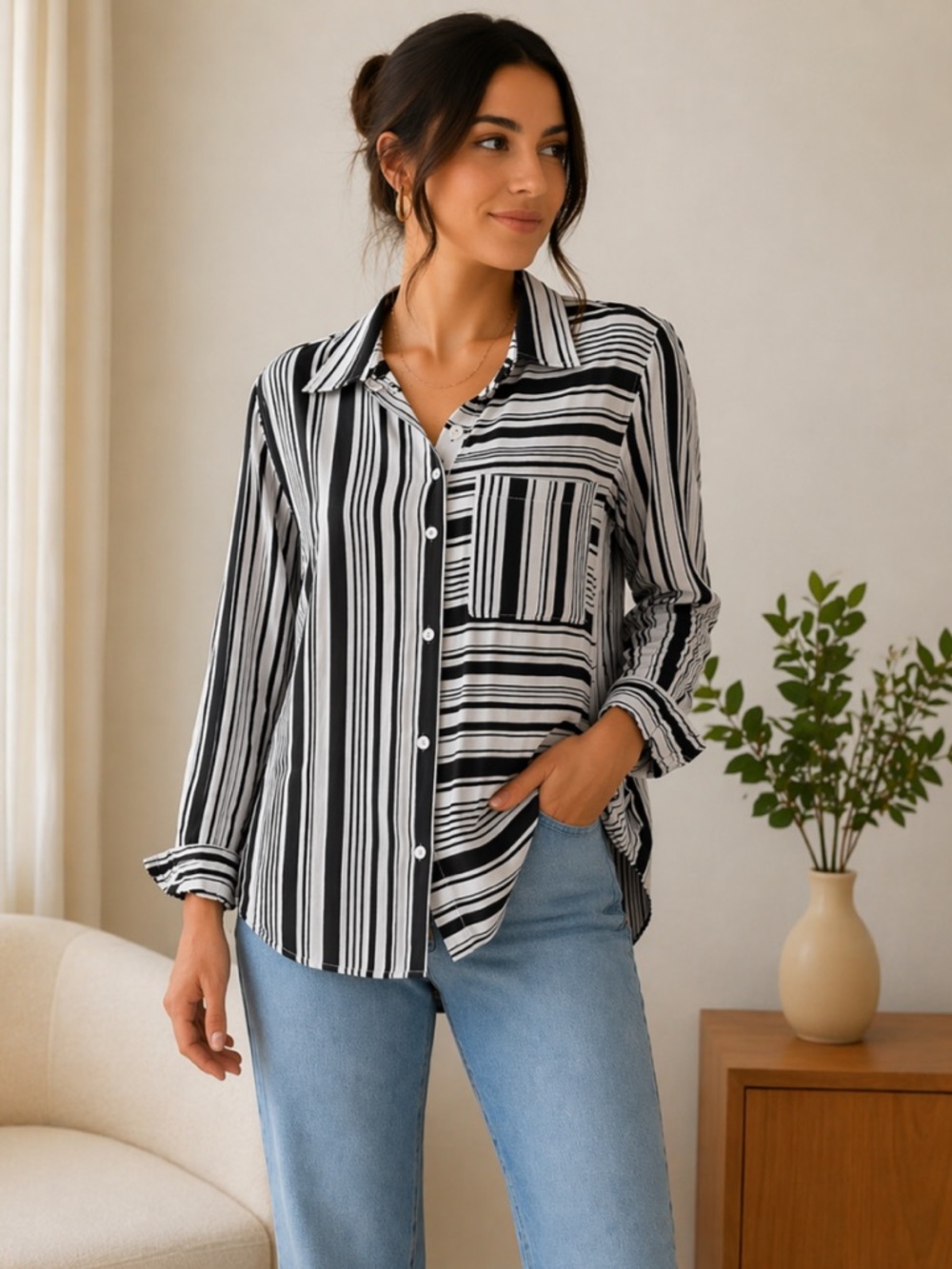 Michael Kors Black & White Striped Button-Down Shirt